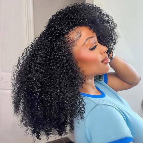 XSY Curly Half Wig Human Hair 200 Density 3 In 1 Seamless Flip Over Half Wigs Kinky Curly Headband Wig Human Hair Glueless Wear Go Glueless Wigs Beginner Friendly Natural Black Color 22 Inch