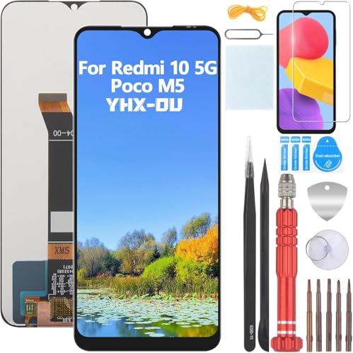 YHX OU 6.58'' Negro Pantalla LCD para Xiaomi Redmi 10 5G 22041219G 22041219NY Poco M5 22071219CG Kit de Reparación de Pantalla Táctil Digitalizador con Herramienta + Cristal Templado