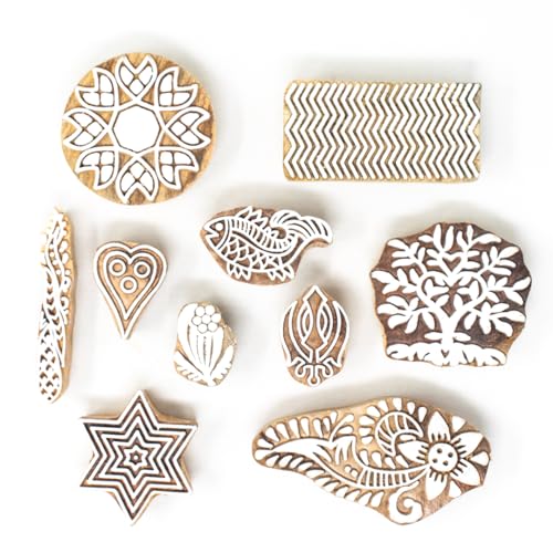 Image of Wooden Indian Traditional Design Printing Stamps /Blocks for Printing Saree Border /Dresses /Craft Card Making /Scrapbook /Clay Pottery (Set of 10)