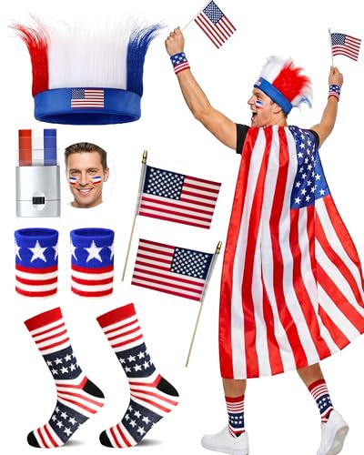 7Pcs American Flag Cape Costume USA Patriotic Accessories Olympic Sports Cheering 4th of July Outfit 250th Anniversary Apparel Adjustable Hairy Headband Wigs Socks Wristbands Face Body Paint Sticks