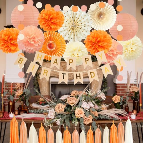 Orange Beige Herbst Boho Geburtstag Party Dekorationen Herbst Süß Pfirsich Geburtstag Frauen Mädchen Groovy Papierlaternen Seidenpapier Pom Poms Papierfächer Quaste Gralands Herbst Orange Beige Party