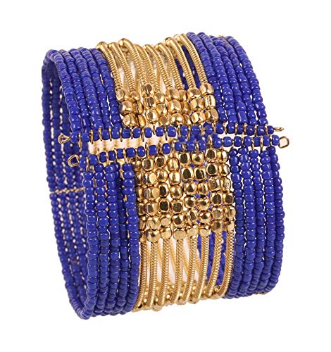 Image of Touchstone Indian Colorful Bead Bracelet Bollywood Beaten Metal Beads Openable Broad Cuff Bracelet in Gold or White Tone for Women.