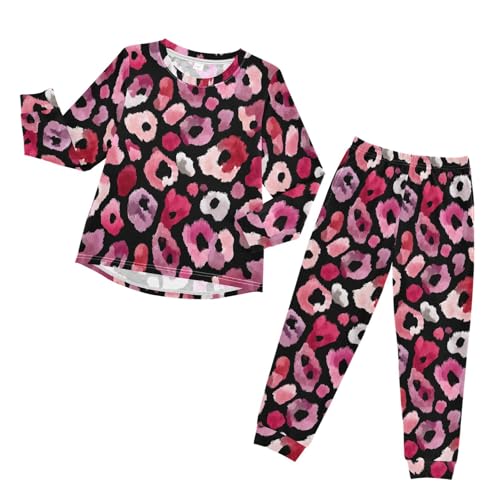 Pink Leopard Print Wildlife Soft Pajama Set for All Seasons,Breathable Pjs Long Sleeve Sleepwear,Comfy Loungewear 2 Piece Underwear Set 6T