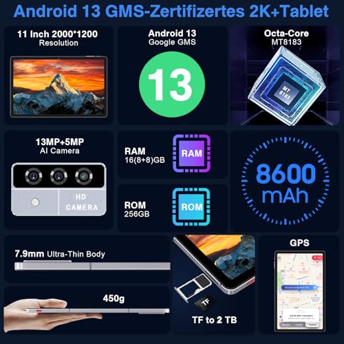 Image of Oangcc 11 Inch Android 13 Tablet, 16GB RAM+256GB ROM+2TB Expand, Octa-Core Tablets with Keyboard & Mouse, 8600mAh, 2K Display 2000x1200, Quad Speakers, 13MP Triple Camera, Split Screen, GPS (Gray)