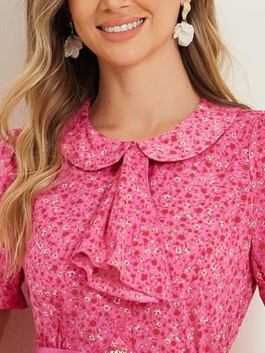 Image of Allegra K Women's Peter Pan Collar Tie Neck Short Sleeves A-Line Elegant Belted Vintage Floral Dress