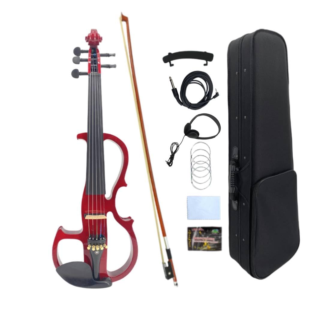 WUQIMUSC 5 String Electric Violin, Silent Violin 4/4 Full Size Set with Carrying case for Students, Beginners and Adults in Style-EV8 (Red-5 String)