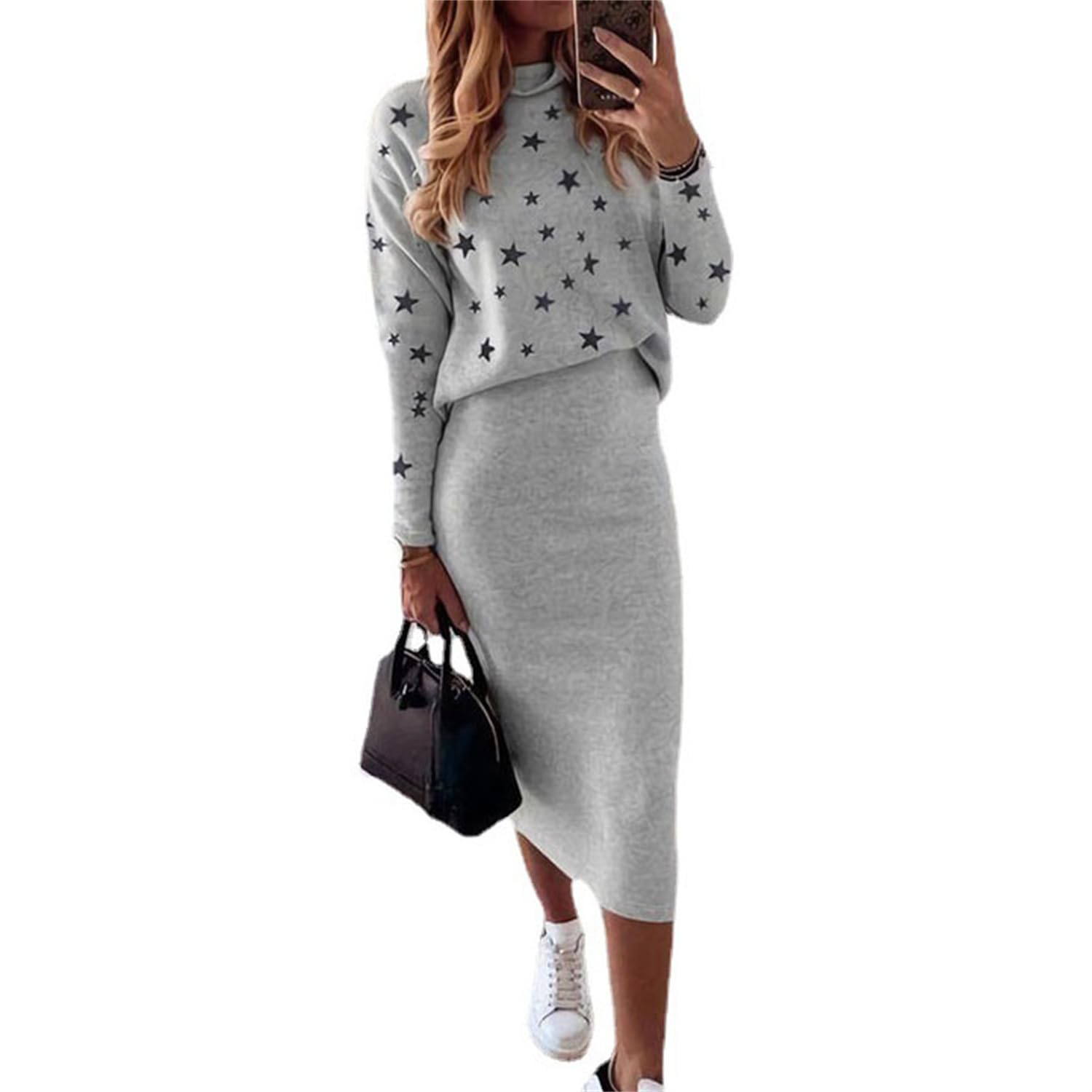 Abito Maglione Donna Abito a Due Pezzi Abito a Maglia Top + Gonna Midi Lavorata a Maglia Elegante Set da 2 Pezzi Abito Invernale Aderente Gonna Lunga Completo per Il Tempo Libero