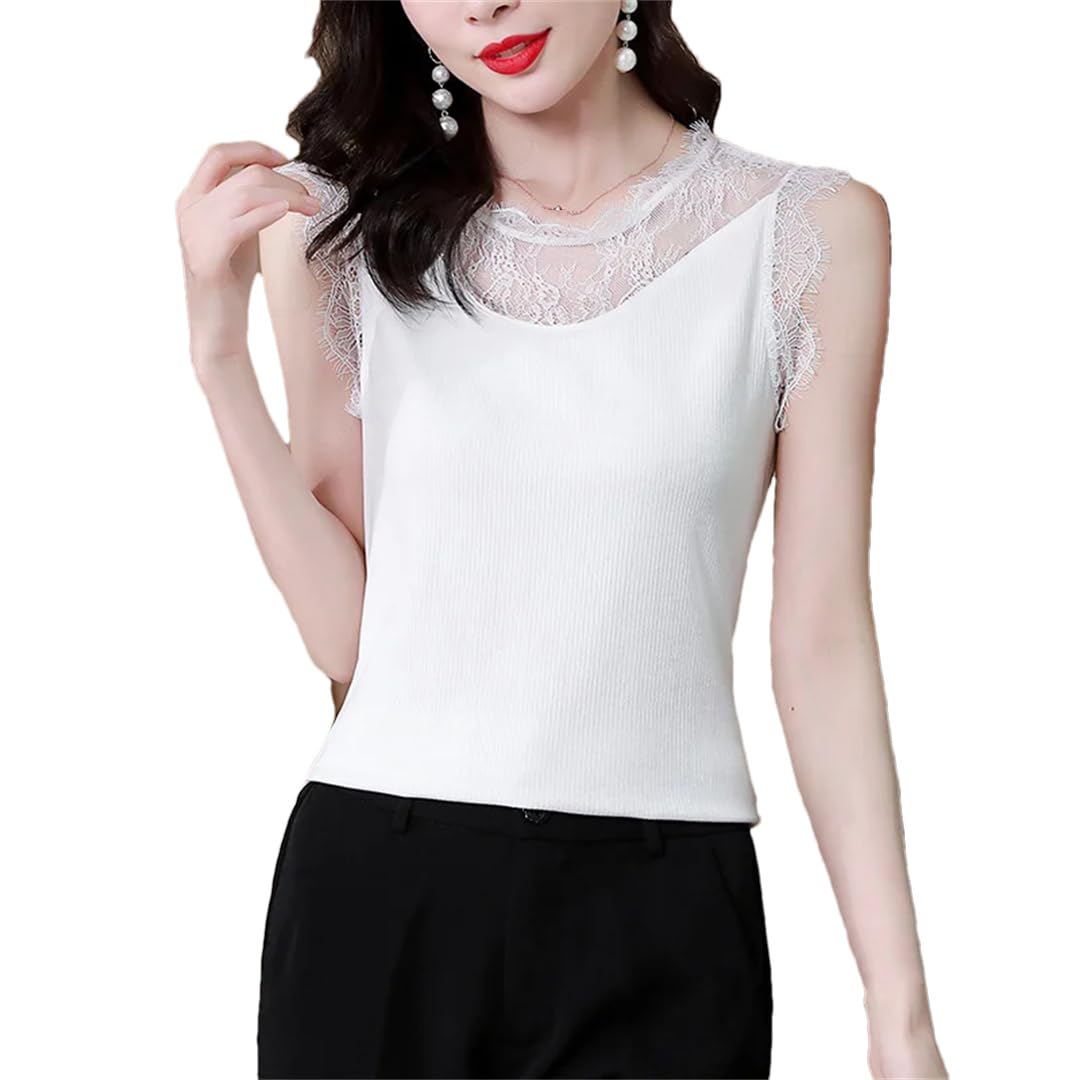 Top corto da donna estivo in pizzo con scollo a O senza maniche