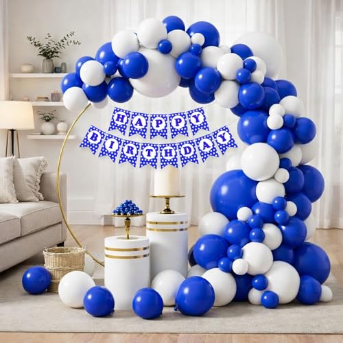 Image of Rozi Decoration Blue and White Balloon Decoration Kit with Happy Birthday Paper Banner, 32 Pieces Party Decor Set for Birthday Celebration, Home and Event Decoration