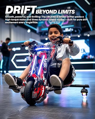 Image of Uboard 3-Wheel Drifter with LED Lights and Bluetooth for Kids Ages 6+Years, Front Disc Brakes, 15 km /h Top Speed, 3-Hour Charge, 75 kg Weight Capacity
