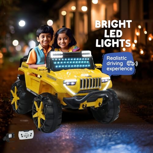 Image of Driving EV Cars for 1, 2, 3, 4, 5, 6 Years | Remote + Steering + Mobile App Control | Kids Jeeps (Thar Jumbo Size Jeep [1-8 Year Kids], Yellow)