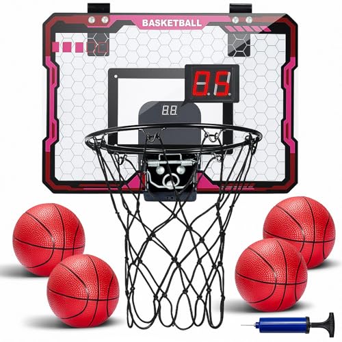 Basketball Hoop Indoor with Scoreboard 4 Mini Balls & Pump Mini Basketball Hoop Set Over the Door for Boys and Adults Office Game Gifts Basketballs Toys Room Accessories for Teen Boy 8 9 10 11 12