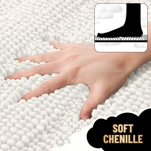 Image of OLANLY Thick Small Bathroom Rugs 24x16, Extra Soft Absorbent Chenille Striped Bath Rugs, Rubber Backing, Machine Wash, Bath Mats for Bathroom Floor, Tub and Shower, Home Decor Accessories, Ivory
