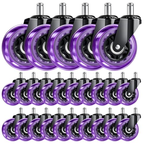 Image of 3 Inch Office Chair Wheels, Set of 25 (Purple) | Heavy Duty Replacement Casters for Hardwood Floor & Carpet, Smooth Quiet Roll, Universal 11mm Stem, Non-Marking PU Wheels