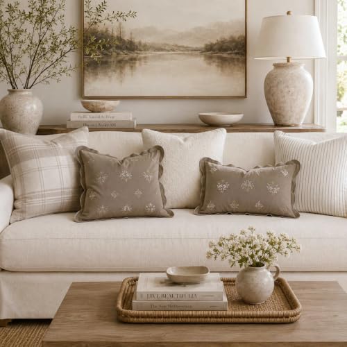 BlissBlush Lumbar Pillow Cover 12x20, Taupe Velvet Decorative Lumbar Pillow Cover, Floral Accent Cushion Cover with Embroidery and Scalloped Edge for Couch Sofa Bed, Cover ONLY - image 4