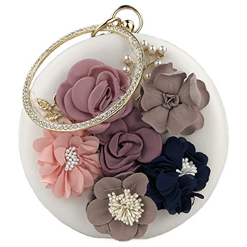 Everfunny Damen Clutches Geldbörsen Taschen Runde Form Abendtasche Blume Perlen Abschlussball Hochzeit Abend Handtasche, weiß, Medium Cover