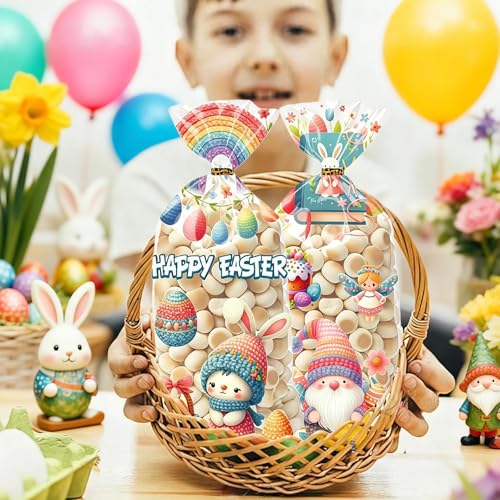 RAOPNHS 100 Stück Ostertüten zum Befüllen Bunt, Osternester zum Befüllen, Cellophantüten Ostern Mit Bindebändern für Geschenktüten Ostern Geschenke, Klarsichttüten für Kekse