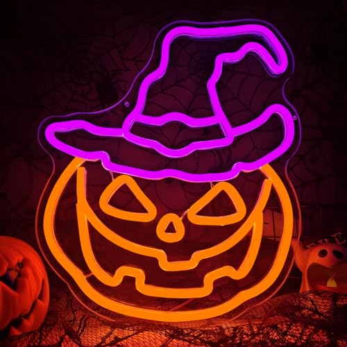 Image of Halloween Neon Sign Dimmable Pumpkin Neon Sign for Wall Decor Halloween Pumpkin Neon Window Lights for Halloween Party Light Up Pumpkin Halloween Decor for Bedroom, Kids Room