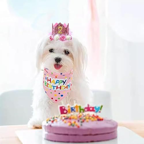 Miniatura 5 de MERCRI Traje rosa de cumpleaños para perro, sombrero de corona para mascotas con 0-9 figuras, falda tutú de lunares para cachorro y bandana,