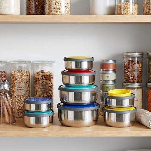 Image of Swiss Airtight Stainless Steel Bowl Set, 4 Piece, with Colourful Lids, 12, 14, 16, 18 cm