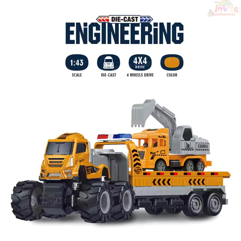 Image of 1:43 4Wd Diecast Alloy Construction Excavator Truck Toys With Friction Powered Miniature Car Vehicle Toy For Kids, Boys And Girls (Pack Of 1 - Multi Construction Excavator Truck)