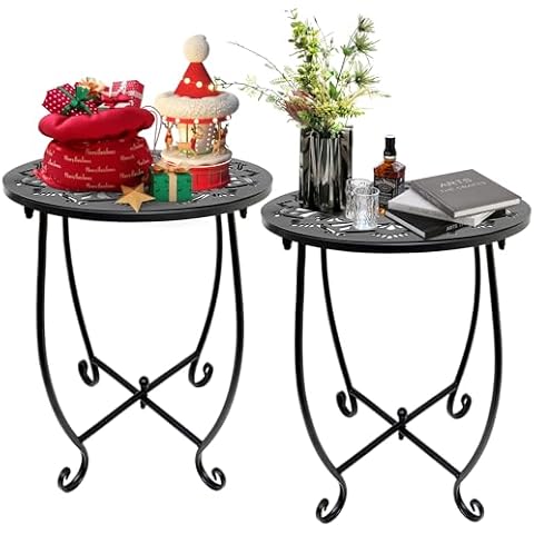 Fashion&cool 2 Pack Outdoor Side Tables, 14" Round Patio Side Table, Weather Resistant Metal Outdoor End Table Side Table for Patio Yard Porch Balcony Garden Bedside, Plant Stand for Indoor Outdoor Cover