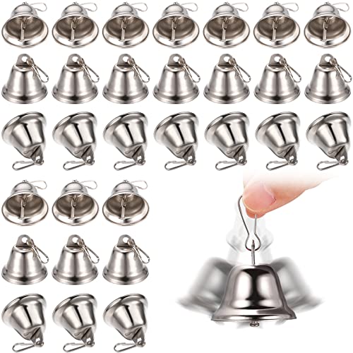 30 Pieces Craft Small Brass Bells for Crafts Mini Vintage Bells with Spring Hooks Tiny for Hanging Wind Chimes Making Dog Training Doorbell Wedding Decor, 1.65 x 1.5 Inch (Silver)