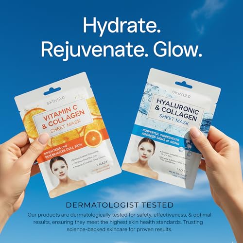 Image of Skin 2.0 Vitamin C & Hyaluronic Acid Face Mask with Collagen - Dermatologist Tested, Korean Skin Care - Ultra Hydrating & Firming Sheet for Smoother-Looking Skin - Vegan, Clean Beauty - 10 Count