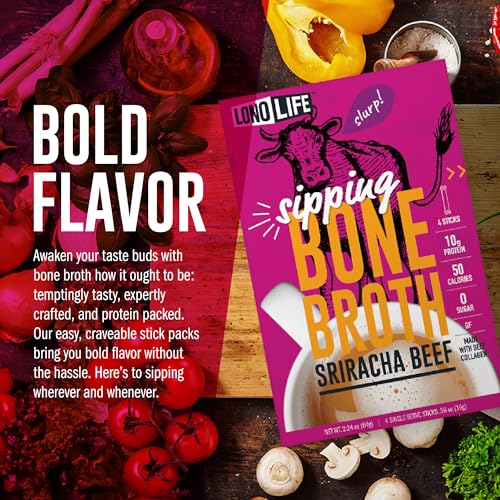 Image of LonoLife Sriracha Beef Bone Broth Powder Mix | Grass-Fed, 10g Protein | Collagen-Rich, Keto & Paleo Friendly | Natural Ingredients | 10 Portable Stick Pack Servings