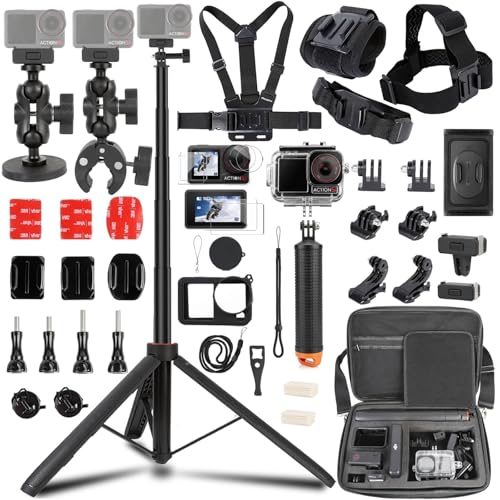 PellKing Accessories Kit for DJI Osmo Action 5pro/4/3 Carrying Case with Belt 135cm Selfie Stick Tripod Waterproof Housing Floating Handle Grip Magnetic Handlebar Mount Qucik Release4 in 1 Body Mount
