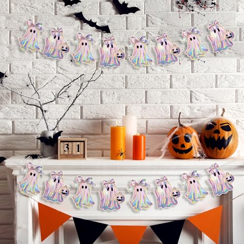 Image of Oudain 2 Pack Halloween Ghost Garland 6.56 ft Iridescent Ghost Decor Laser Cute Boo Holographic Paper Bow Hanging Banner for Halloween Party Decor Birthday Party Home Indoor Outdoor Mantel
