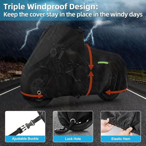 Image of Motorcycle Cover Waterproof for Cruiser Models /Softail Standard /Iron 883 /Heritage Classic 114 /Fat Boy 114, All Weather Sun Rain Outdoor Protection Motorbike Cover with Soft Cotton Lining & Storage Bag