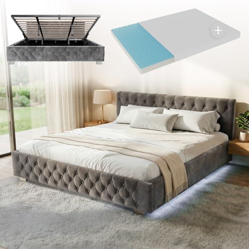 Juskys Polsterbett Nizza 180x200 cm mit Matratze, Bettgestell mit Lattenrost, Stauraum & LED Beleuchtung, Samtbezug, Chesterfield-Steppung, Grau Juskys Polsterbett Nizza 180x200 cm mit Matratze, Bettgestell mit Lattenrost, Stauraum & LED Beleuchtung, Samtbezug, Chesterfield-Steppung, Grau