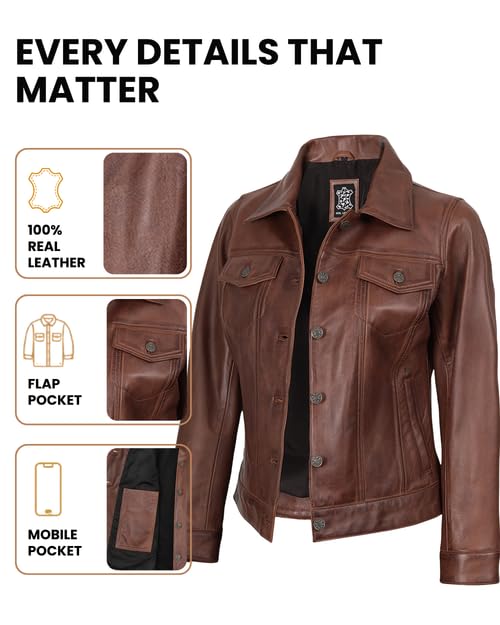 Image of Decrum Trucker Leather Jacket Women - Button Closure Vintage Style Real Lambskin Womens Leather Jacket
