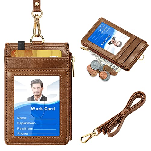 ELV Badge Holder with Zipper, PU Leather ID Badge Card Holder Wallet with 5 Card Slots, 1 Side RFID Blocking Pocket and 20 inch Neck Lanyard Strap for Offices ID, Driver Licence - Vintage Coffee