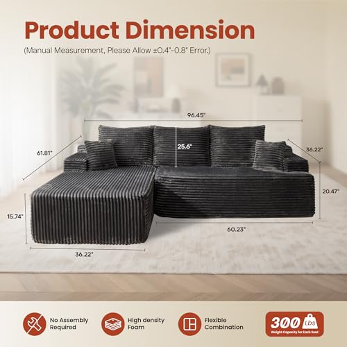 Image of ovios 96 inch Cloud Sectional Couch with L-Shape Chaise,Modern Modular Sofa with Deep Seat, Upholstered Couches for Living Room Bedroom,No Assembly Required, Grey (Plush Corduroy Fabric)