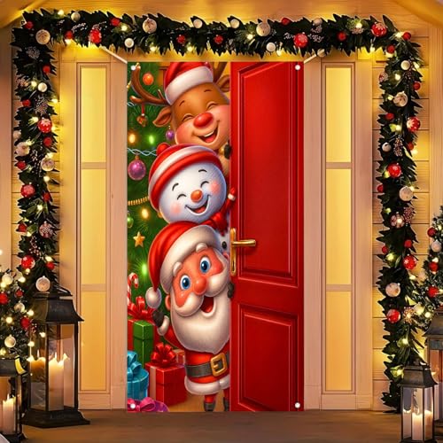 Image of BlissYard Christmas Door Cover Santa Snowman 35x71 Inch Polyester