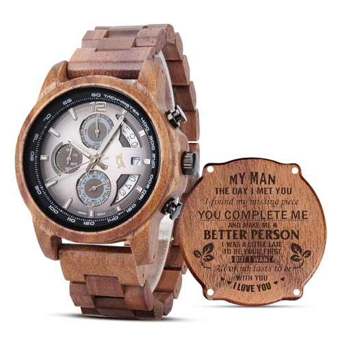 Montre en bois de noyer gravée pour mari avec chronographe et calendrier