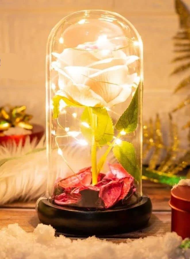 Enchanted Flower with Petals in Glass Dome Personalized Gifts for Women Girlfriend Valentine’s Day Mother’s Day Christmas Anniversary Birthday (Pink)