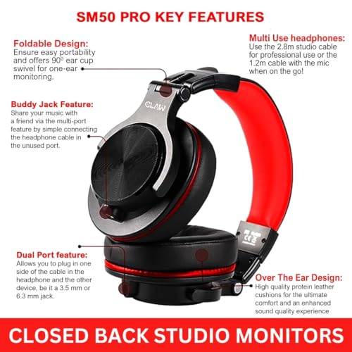 Image of CLAW SM50 PRO Professional Studio Monitoring DJ Wired Headphone with Protein Leather Cushions | 2 Detachable Cables (2.8m Coiled & 1.2m Straight Cable with Mic and in Line Control) Black and Red