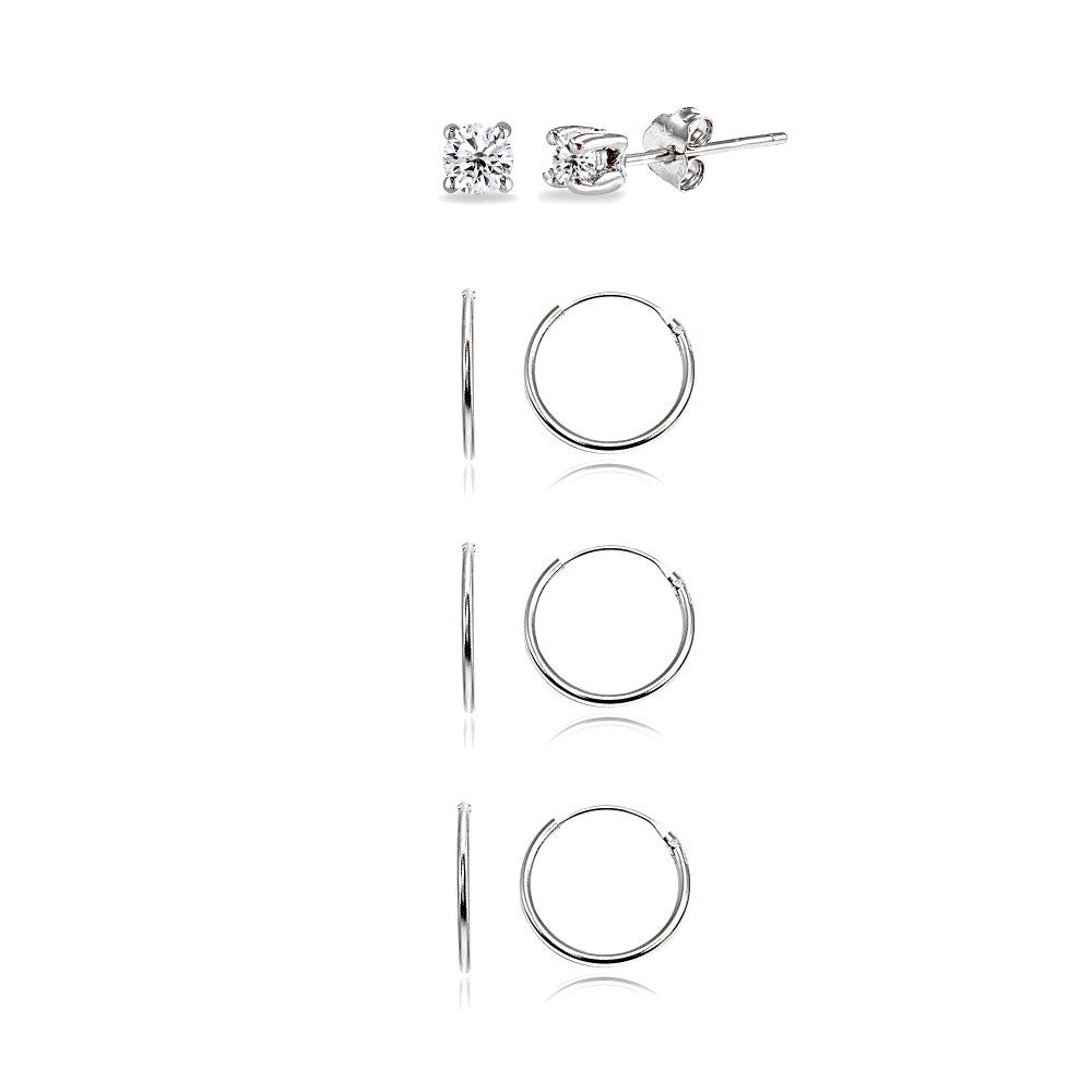 Hoops 4 Less4 Pairs Sterling Silver 10mm Endless Hoops & 2mm Round CZ Stud Unisex Cartilage Earrings Set