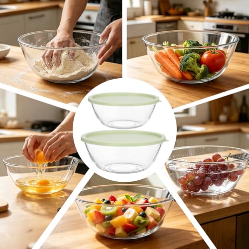 Set de 2 tazones grandes de vidrio con tapa 5QT y 3QT miniatura 7