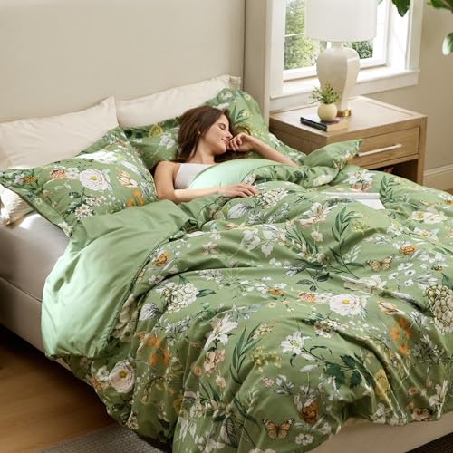 Image of Bedsure Duvet Cover Queen Size - Reversible Green Floral&Bird Duvet Cover Set with Zipper Closure, 3 Pieces Mistletoe Bedding Set with 8 Corner Ties and 2 Pillow Shams 20 inchx26 inch