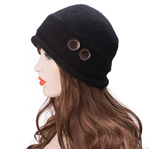 Lawliet New Womens 100% Wool Slouchy Wrinkle Button Winter Bucket Cloche Hat T178 (Black) #TOP7