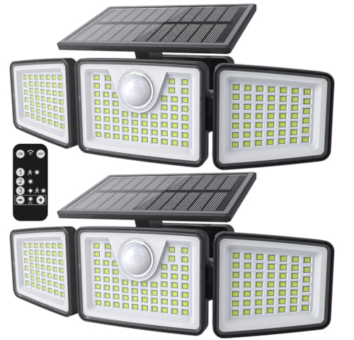 daphino 2500LM Solar Lights Outdoor with Motion Sensor 3 Head 270 Wide Angle Street Area Lights IP65 Waterproof Security Lighting with 3 Modes(Remote 2 Pcs)