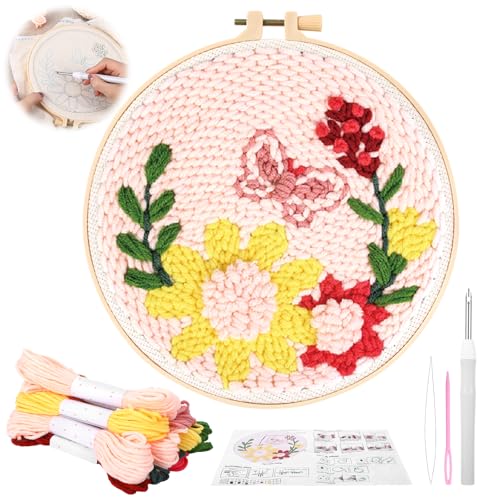 Image of Mowouhn Punch Needle Kit for Adults Beginner,Floral Leaf Punch Needle Embroidery Starter Kits,Include Instructions, Pattern, Yarns,Embroidery Hoops for Handmade Crafts White Elephant Gifts DIY