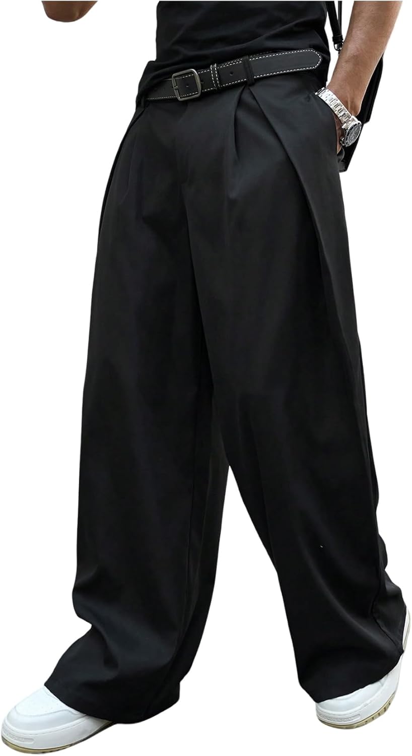 Floerns Men's Baggy Wide Leg Pants Business Loose Pleated Casual Trousers with Pocket