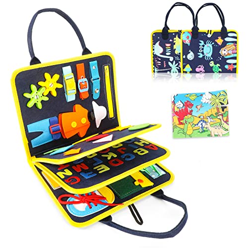 DAMIII Tabla de Actividad de Busy Board Quiet Book Montessori Juguetes a Partir de 1, 2, 3, 4 años, Juguete sensorial con impresión de Dinosaurios para niños pequeños para Aprender Vida básica Cover
