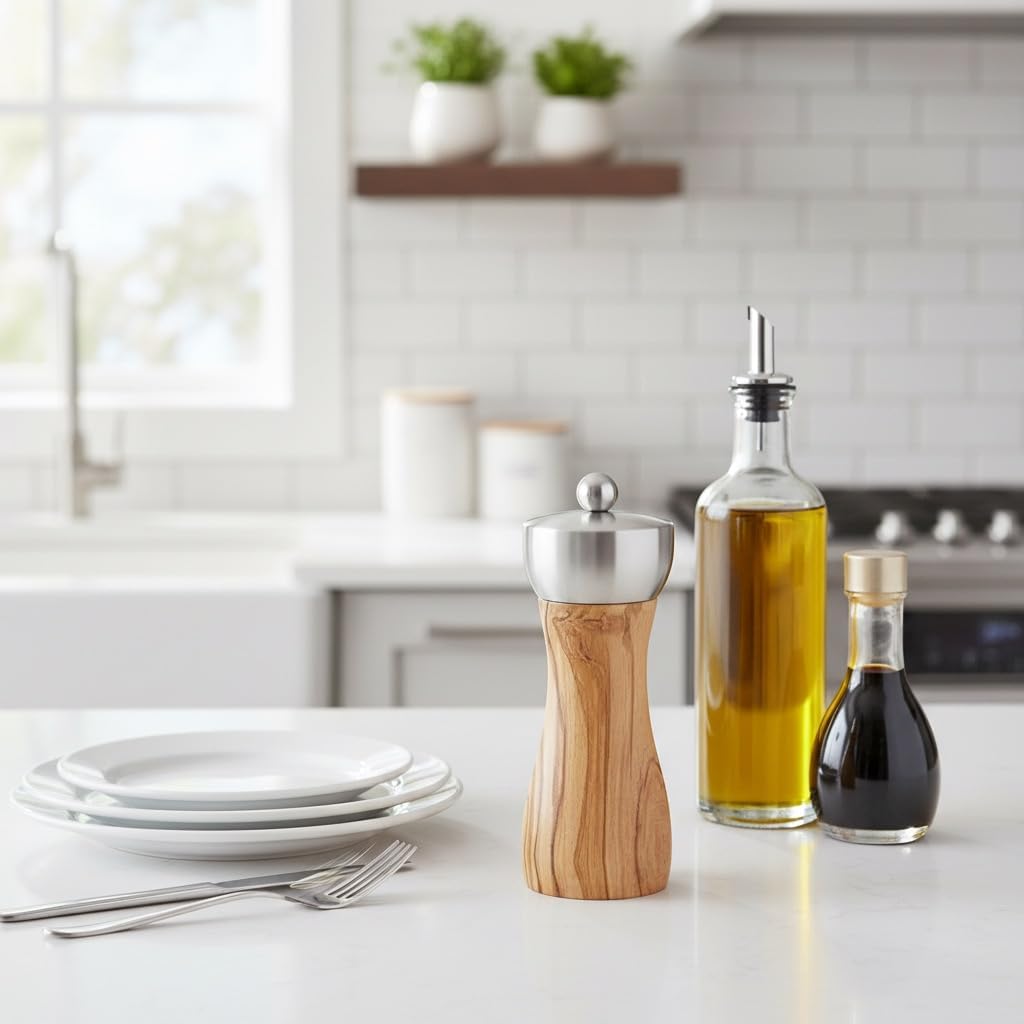 Tephra & Form Pepper Mill, 6" - Pepper Grinder with Ultra-Sharp Grinding Mechanism - Flavor-Enhancing Pepper Shaker - Refillable Mill with Adjustable Grinding - Olive Wood, Pepper Mill,Specialty Gift