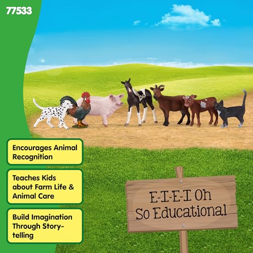 Image of Schleich Farm World - 7 PC Farm Animal Playset with Dog, Cat, Pig, Goat, Rooster, Baby Horse and Cow Toys - Realistic Barnyard Figurines - Fun Educational Figures For Kids and Toddlers Ages 3+ | 77533